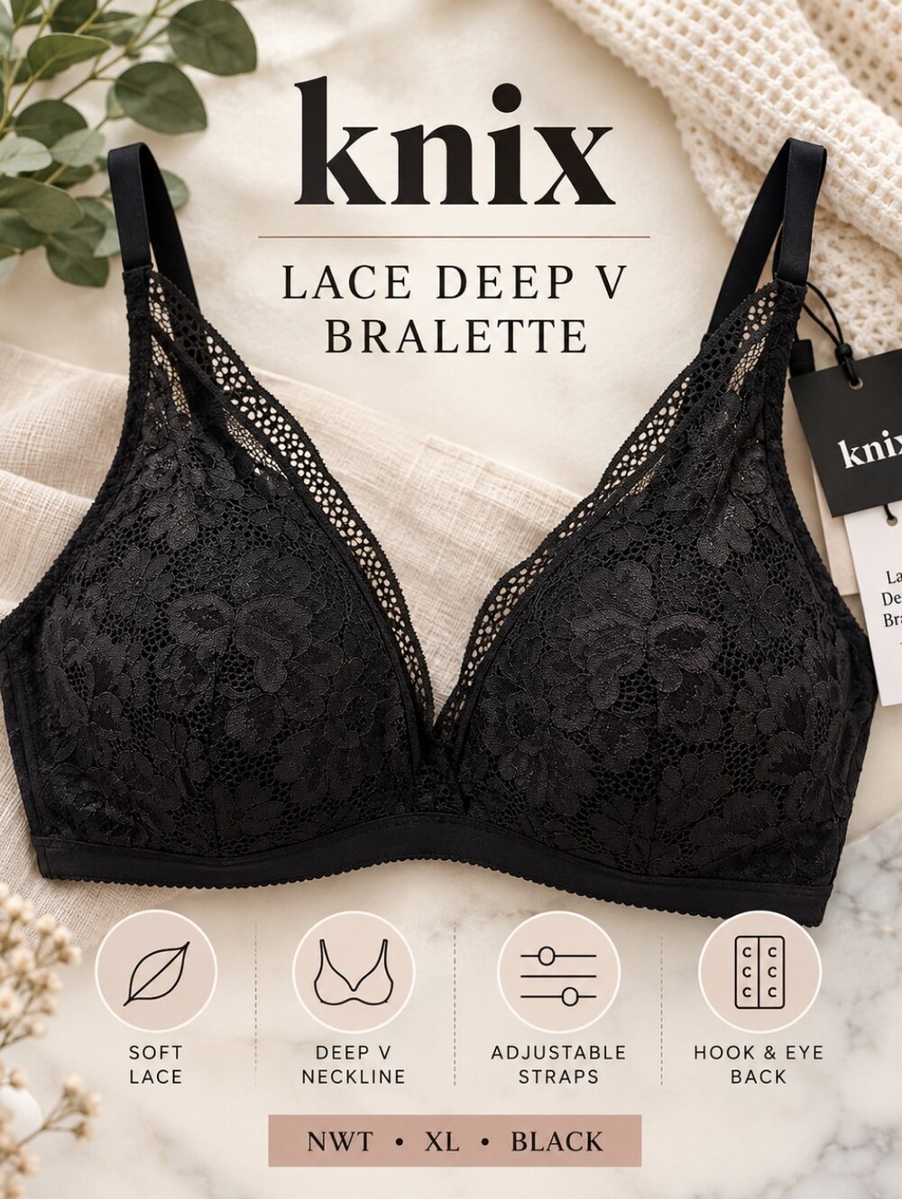 NWT Knix Wireless Soft Stretch Lace Deep V Bralette in black, size XL.